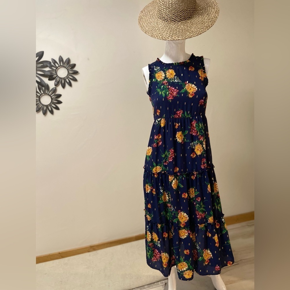 Zunie~Girls~Navy & Floral Print Maxi Dress~Ruffle Pleated Detail~Size M(10-12)